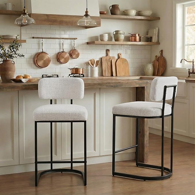 26" H Counter Height Bar Stools Set of 3, Modern Linen Fabric Upholstered Barstools with Backrest for Kitchen Island, Black Metal Frames, Wheat