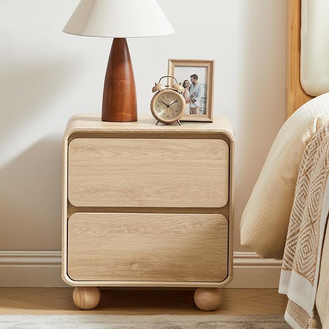 AVZEAR Small Night Stand with 2 Drawers, Mid Century Modern Nightstands with Solid Wood Legs, 2 Drawer Dresser Curved Profile Design End Table Side Table for Small Space, Dorm, Bedroom((Natural)