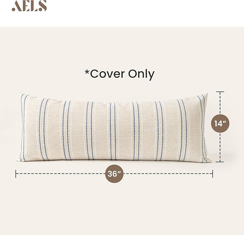 AELS 14x36 Decorative Lumbar Throw Pillow Covers, Farmhouse Linen Textured Long Pillow Case, Beige with White & Navy Blue Stitch Boho Cushion Cover for Couch Living Room (Cover ONLY)