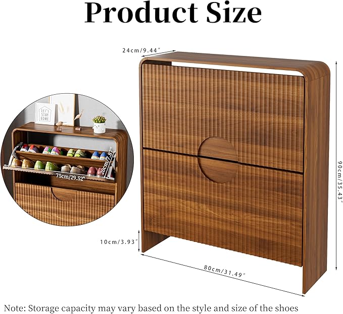 Slim Shoe Storage Cabinet for Entryway, Narrow Shoe Cabinet with 2 Tier Flip Drawers Doors, Fluted Hidden Shoe Rack Organizer for Entrance, Entry Way, Foyer, Hallway, Walnut, Wooden