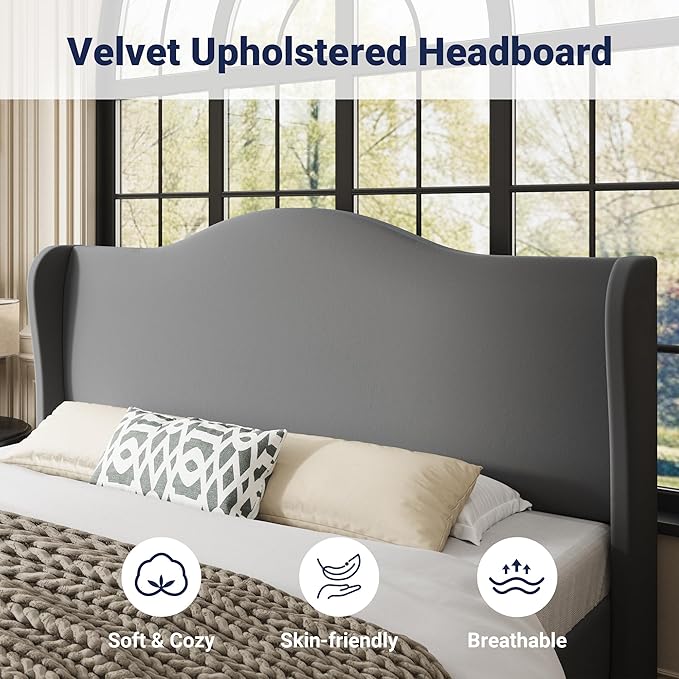 Allewie King Size Bed Frame, Upholstered Wingback Platform with 47" Tall Tufted Headboard, Plush Velvet Fabric, Modern Minimalist Design, No Box Spring Required, Tool-Free Assembly, Grey