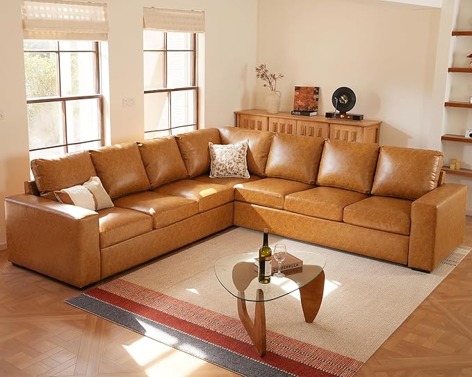 ELUCHANG 113" V-Shaped Modular Sectional Sofa Couch, Modern 7-Seat Premium Faux Leather Deep Seat Sofa with Corner, Removable Cover, Easy Assembly, Large Sofas & Couches for Living Room, Office, Brown | Spring Cushions, Easy to Clean