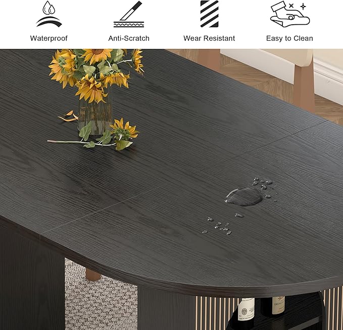 weselon 70.8" Oval Dining Table with Dual Side Storage Shelves, Wooden Table for 4–6 People, Modern Farmhouse Round Dinner Table for Kitchen, Reception, or Living Room (Black, Table Only)