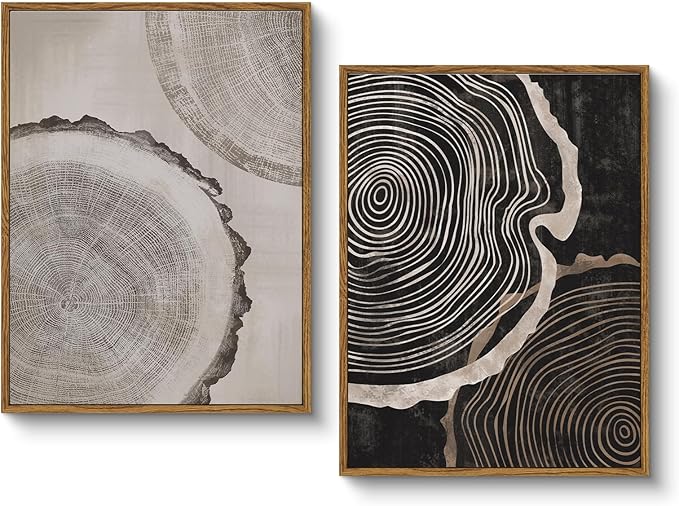 HUARCEY Framed Canvas Art Print Set 2PCS Wood Tree Ring Spiral Wall Art, Modern Neutral Nature Print Set of 2 Minimalist Abstract Nordic Wall Decor, Diptych Log Slice Wood Stump Painting