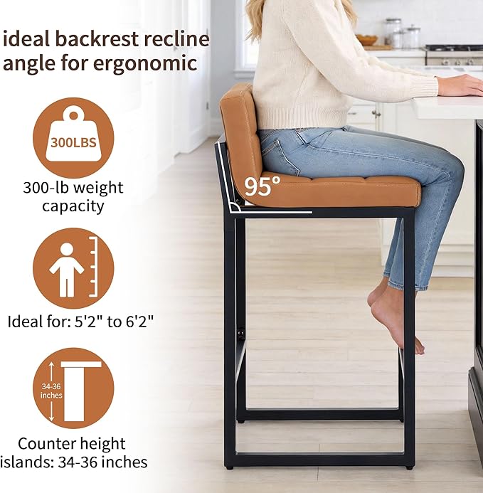 FIRAVOE Bar Height Stools Set of 4, PU Leather Barstools Modern Counter Stools with Back and Thickened Metal Legs, Bar Chairs for Kitchen Island (Caramel Brown, 4Pcs 26" Counter Stools)