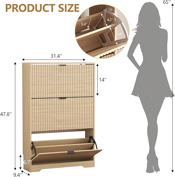 HUANLEGO Shoe Cabinet Storage for Entryway with 3 Flip Drawers, Oak Fluted Shoe Cabinet with Adjustable Shelves, Wooden Hidden Shoe Rack Freestanding Narrow Slim Shoes Storage for Hallway, Entrance