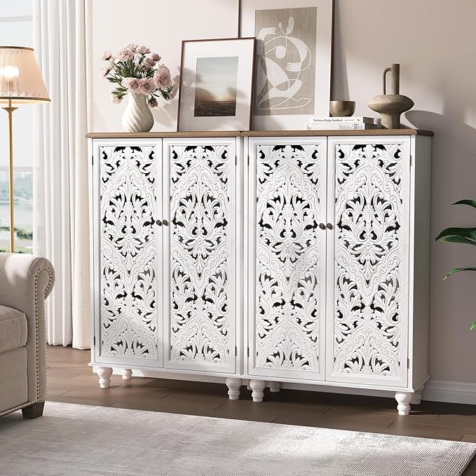 JOINICE 47" Tall Accent Cabinet with Carved Doors, Distressed White Wood Storage Cabinet with 3-Tier Shelves, Boho Farmhouse Sideboard Buffet for Small Spaces, Entryway & Living Room