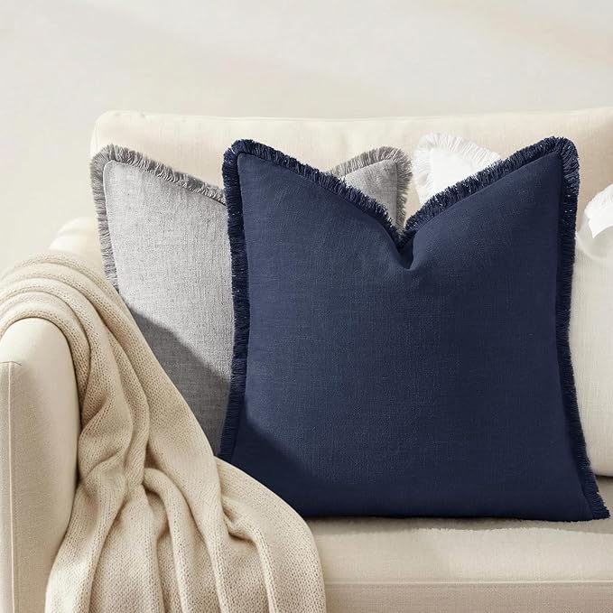decorUhome Summer Decorative Neutral Linen Fringe Throw Pillow Covers Set of 2 Navy Blue Pillow Covers with Tassels Soft Farmhouse Boho Accent Pillow Cases for Couch Bed Sofa 18x18 Inch