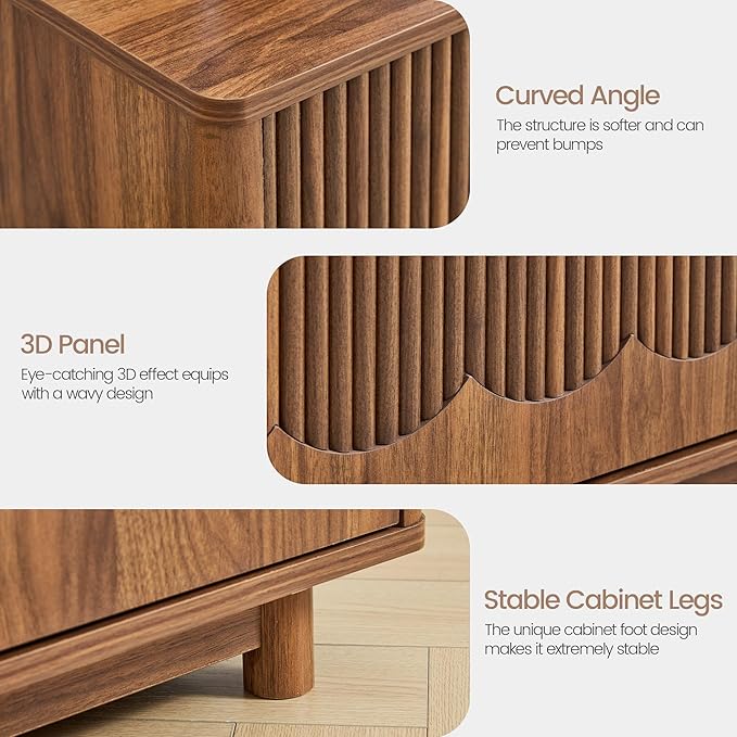 FurSch 62.2” Fluted TV Stand Low Profile, Mid Century Modern TV Stand with Storage for Bedroom Living Room, Curved Media Console for 50 55 60 65 70 Inch TVs (Walnut)
