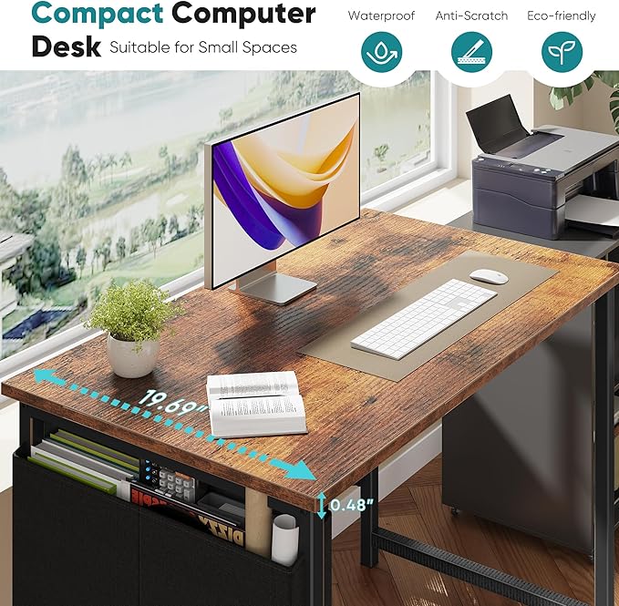 OLIXIS Computer Desk 31 Inch Home Office Desks for Small Spaces, Gaming Writing Study Work Table with Storage Bag and Headphone Hook for Bedroom, Rustic Brown