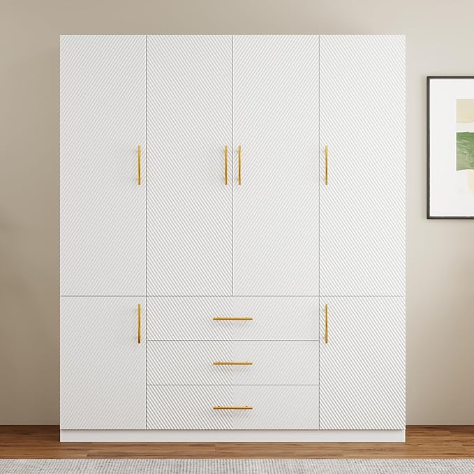 White Wardrobe Closet with Doors, 3 Drawers, Hanging Rods, Metal Handles, Large Capacity, Modern Minimalist Design, Textured Finish，Ideal for Bedroom 63.0" W x 20.47" D x 74.21" H (26)