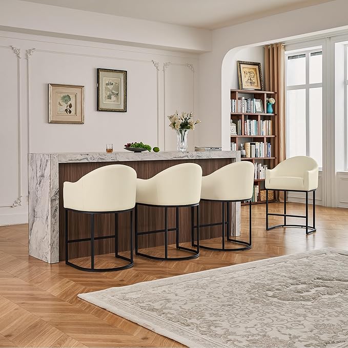 Counter Height Bar Stools Set of 4,Modern Counter Height Bar Stools,PU Leather Upholstered Barrel Barstools with Backs,26'' Kitchen Island Chairs,Metal Black Frames,Beige White Leather