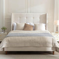 Upholstered Bed Frame, 54" Tall Headboard Wingback Upholstered Platform Bed Frame for Kids Teens Adults Bedroom Strong Wood Slats Support/No Box Spring Needed (Ivory Velvet, Queen)