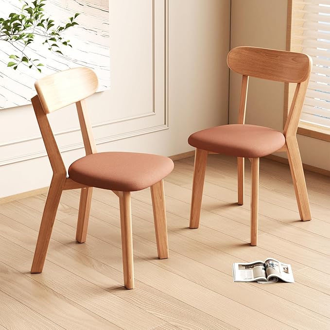 Dining Chairs Set of 2 Mid-Century Modern Oak Upholstered Scandinavian Solid Wood Kitchen & Dining Room Chairs with Curved Backrest Sillas de Comedor for Dining Table(Original/Orange)