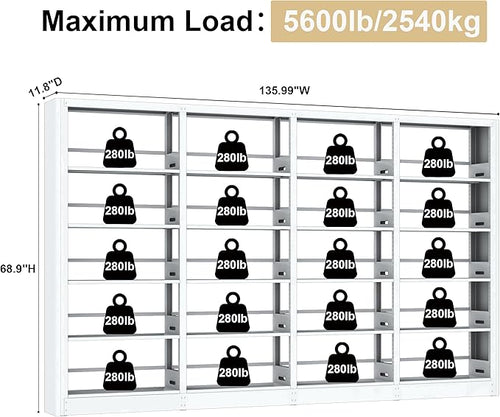 5-Tier Industrial Bookshelf, White Bookcases and Bookshelves,Tall Metal Book Shelf Storage Organizer,Freestanding Bookshelf for Living Room,Home Office(White, Shelf-4)
