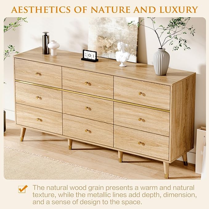 Chrangmay 9 Drawer Dresser,63" Wide Mid Century Modern Chest of Drawers,Wooden Bedroom Drawer Dresser with 9 Storage Drawers for Bedroom, Living Room,with Anti-Tipping Device,Natural