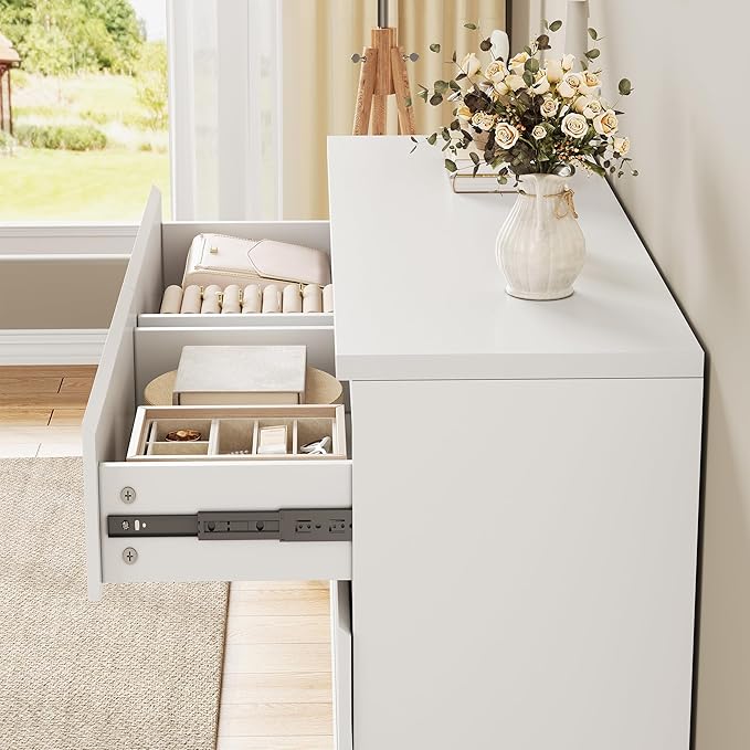 Jocoevol White 6 Drawer Dresser for Bedroom, 15.3" D x 47.2" W x 32.3" H in Simply Modern Chest of Drawers, Wood Storage Double Dresser with Deep Drawers for Living Room, Hallway Entryway, White