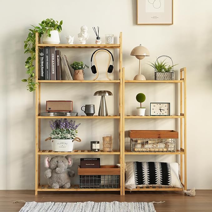 Bamboo Bathroom Shelf Organizer, 4 Tier Wooden Bathroom Rack with Adjustable Shelves, Free Standing Shelving Unit Open Bookcase Plant Shelf Indoor, 39" Storage Shelves for Kitchen Living Room