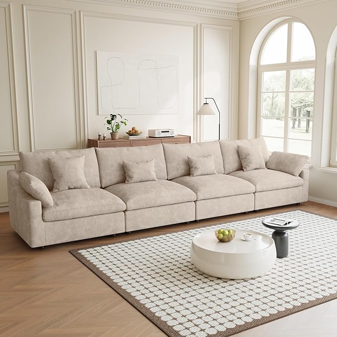 Modular Sectional Sofa Cloud Couch, 155.9" Khaki Modular Couch, Linen Blend Fabric Minimalist Deep Seat Sectional Couches for Living Room, Khaki Sofa Covers Washable&Removable