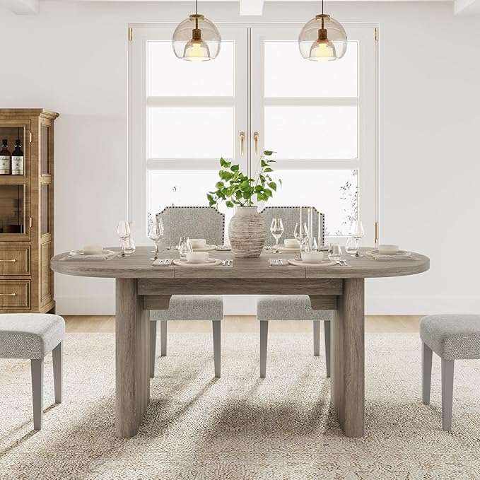 GarveeHome Oval Dining Table for 6-8 People, Long Large Kitchen Table with Thick Sturdy Wooden Base, Farmhouse Dining Room Table for for Kitchen, Living Room, Office (63" Long,Grey Walnut)