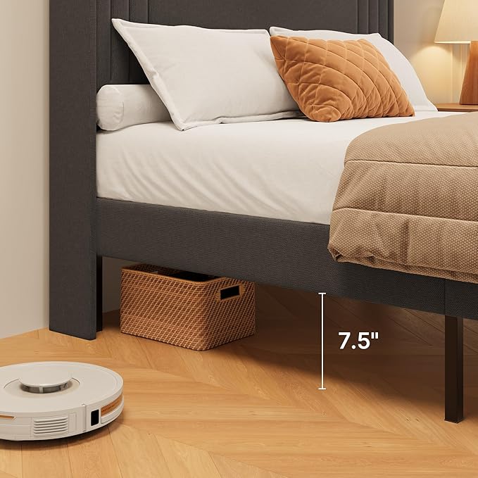 Gizoon Full Bed Frame with Charging Station and LED Lights,Upholstered Wingback Platform Bed with Wooden Slats,Noise-Free,No Box Spring Needed