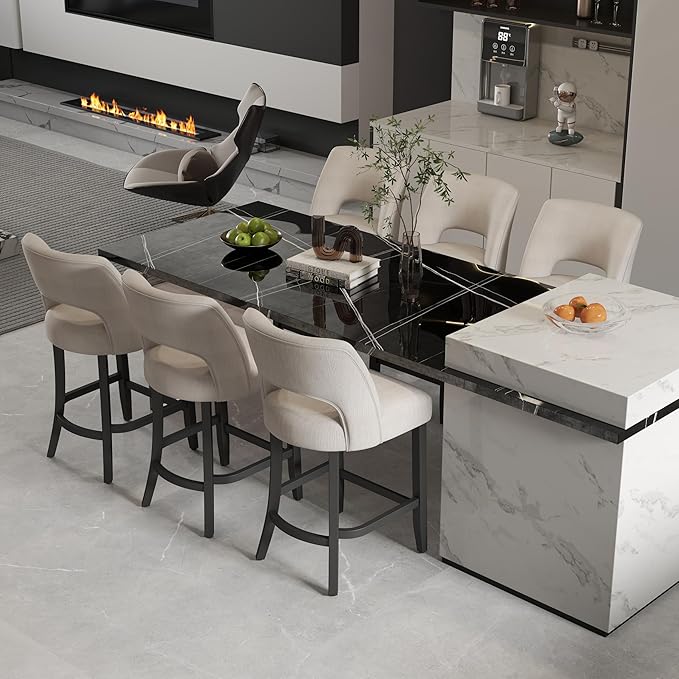 VKNOW Bar Stools Set of 6, 26" Upholstered Counter Height Bar Stools, Modern Counter Stools with Black Legs for Kitchen Island Dining Room Bar, Beige-Black Legs