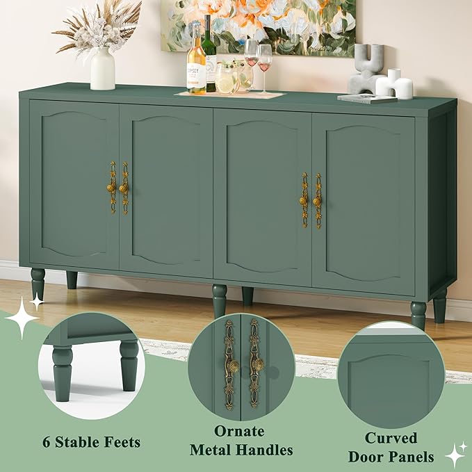 fineway 63" Sideboard Buffet Cabinet, Mid Century Modern Credenza Storage Cabinet with Carved Handle & Adjustable Shelves, Buffet Table Kitchen Coffee Bar for Living Room Dining Room - Green