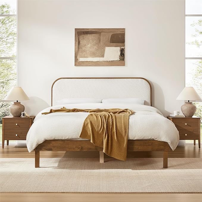 KISLOT Wood Bed Frame with Upholstered Headboard, Mid-Century Boucle Fabric Platform Modern Bed Mattress Foundation Noise-Free No Box Spring Needed Easy Assembly