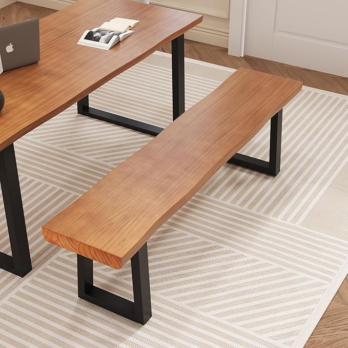 Solid Wood Top Bench with Metal Legs Durable Long Bench for Home Office Living Room Dining Room Versatile Multi Size Options Perfect Chair Stool Dining Bench Dining Chair (Light brown bench, 55.12in)