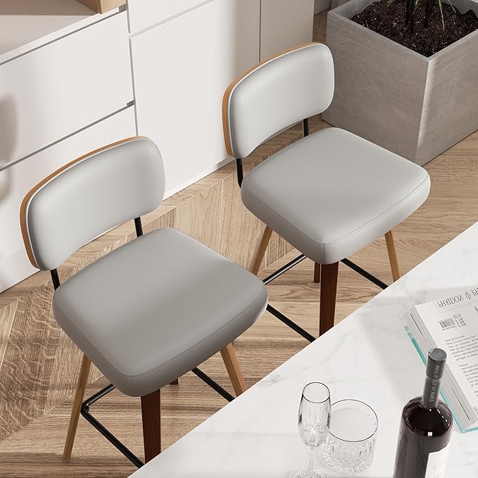 Swivel Bar Stools Set of 4, 26" Upholstered Faux Leather Counter Height Barstools with Walnut Back & Bentwood Legs, Mid Century Modern Bar Chairs Island Stools for Kitchen Counter, Light Grey