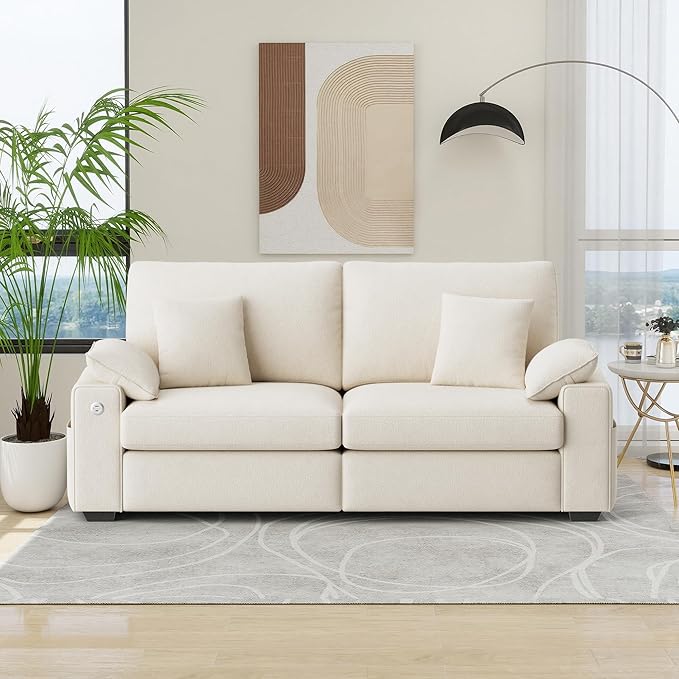 76.38'' Modern Loveseat Sofa, 2 Seats, Beige | USB/Type-C Port, Side Storage, Removable Cover, Easy Assembly, Small Spaces