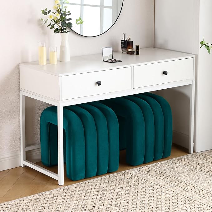 Multi-Functional Ottoman Stool Set of 2, Footrest for Couch, Modern Vanity Stool for Make-up Room, Living Room and Entryway, Small Cute Footstool (Teal Velvet)