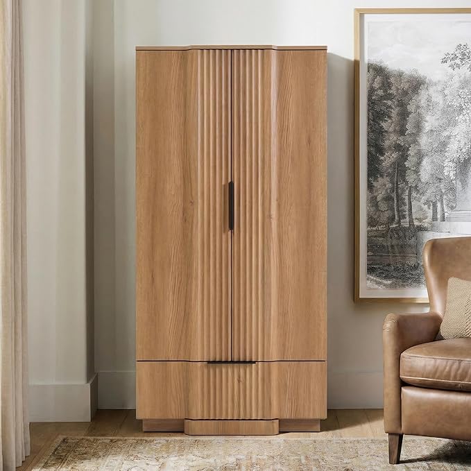 Brafab 67" Fluted Armoire Wardrobe Closet with Drawers and Doors, Wooden Wardrobe Cabinet with Adjustable Shelves, Modern Storage for Clothes, Dream Wardrobe Wall for Bedroom, Natural (3 pcs)