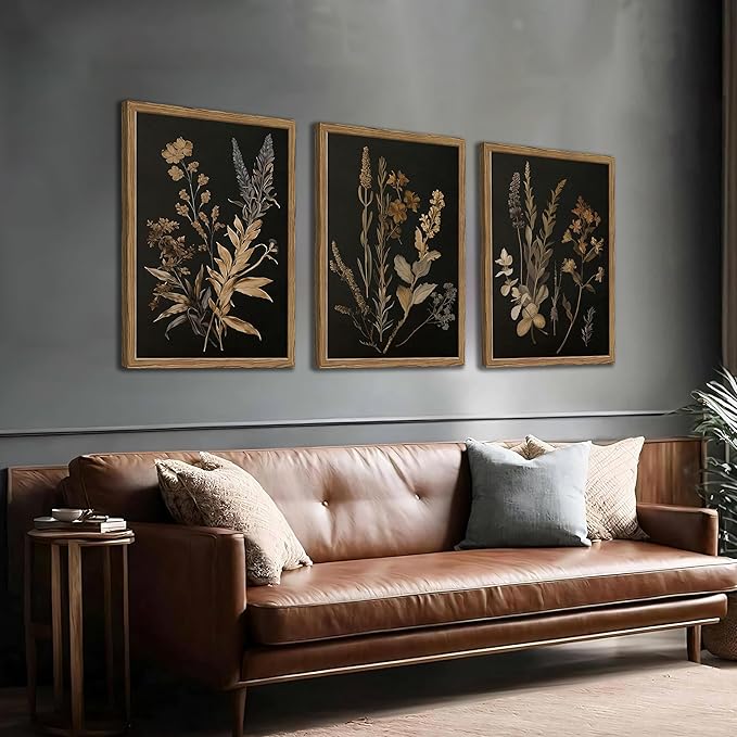 Yudinbin Vintage Dark Botanical Canvas Wall Art Set of 3 Moody Floral Prints with Wood Frame Dark Plant Academia Aesthetic Gallery Painting Wall Decor for Living Room Bedroom or Office 16x24 Inch