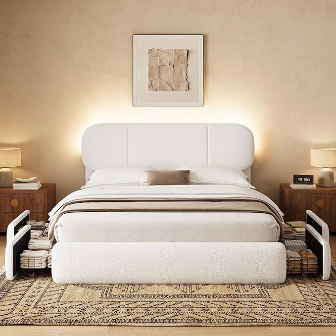 Queen Size Bed Frame with Storage, Boucle Cloud Bed with 4 Locking Drawers & LED Lights, Modern Upholstered Platform Bed, Plush Sides & Footboard, Adjustable Headboard, No Box Spring, Cream