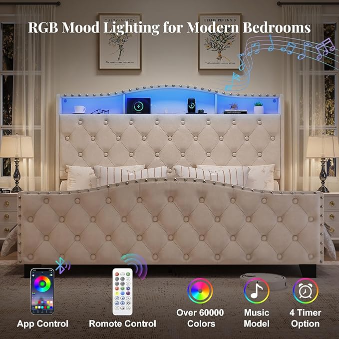 Belffin Queen Size Bed Frame and Headboard, 50.9" Velvet Upholstered Wingback Bedframe with LED Lights & Storage/Charging Station, Button Tufted Tall Footboard, No Box Spring Needed, Noise-Free, Beige
