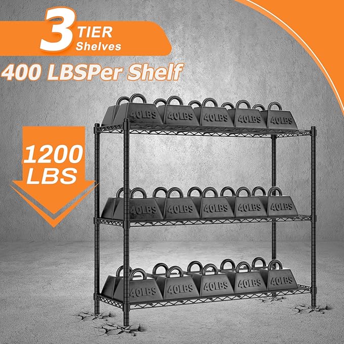 ROOMTEC 3-Tier Heavy Duty Wire Shelving Unit, 40" W x 16" D x 40" H Garage Shelving, 1200 lbs Total Capacity Adjustable Storage Rack, Metal Shelf for Kitchen, Pantry, Laundry Room, Basement