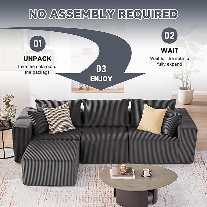 Weture 107.4" Cloud Couch Sectional, Modular Sofa with Deep Seat, Plush Corduroy L Shaped Boneless Couch, Convertible Sectional Couches for Living Room, 4Seat, Darkgrey