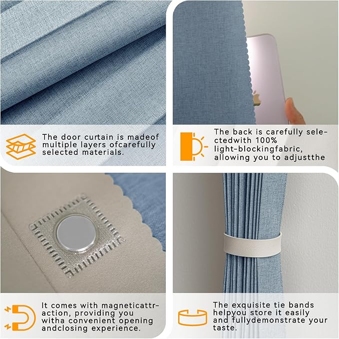 Jilron Accordion Door Curtain Set - 100% Blackout, with Curtain Rod Included, for Bedroom Privacy Protection (Blue-43 W x 78" L+Rod)