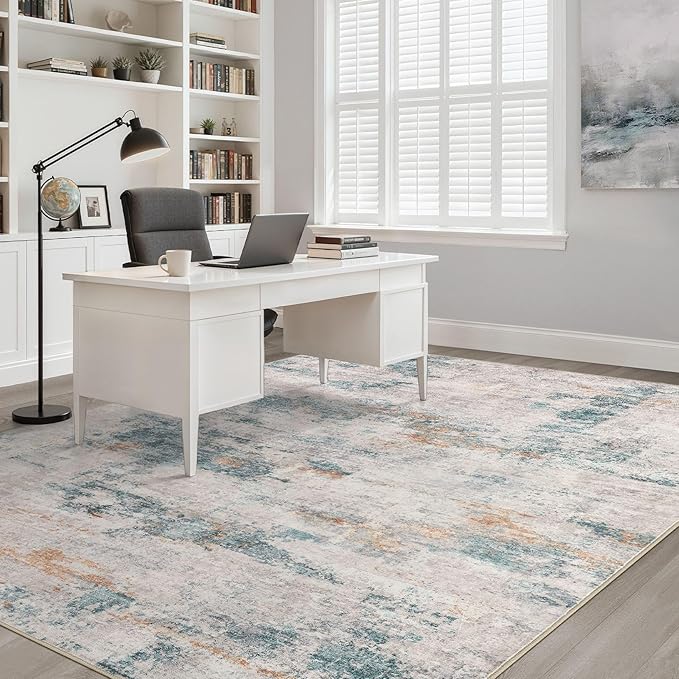 9x12 Area Rug Living Room: Washable Large Neutral Aqua Brown Rugs Abstract Soft Modern Stain Resistant Indoor Floor Non-Slip Carpet for Bedroom Nursery Kids Office Playroom Dining Room Under Table