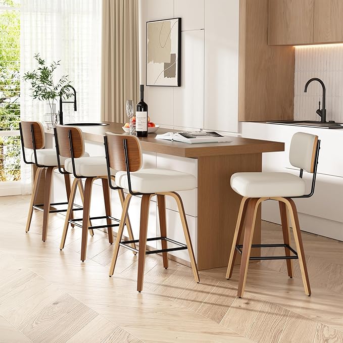 Swivel Bar Stools Set of 6, 26" Upholstered Faux Leather Counter Height Barstools with Walnut Back & Bentwood Legs, Mid Century Modern Bar Chairs Island Stools for Kitchen Counter, Cream White