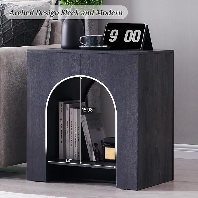 Arched End Table with Type-C Charging Station, 22" Modern Bedroom NightStand with Arched Open Shelf, Night Table with Outlet, USB, Type-C Port for Bedroom, Dark Grey