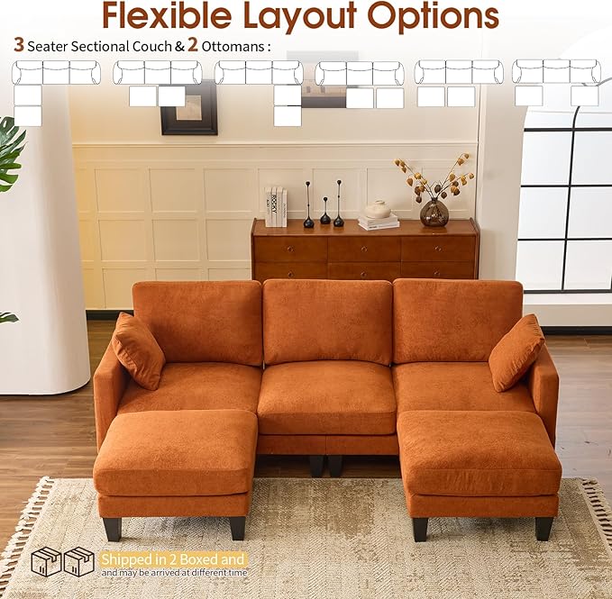 VINGLI 100" W U Shaped Couch with Ottoman, 22" Deep Seat Comfortable Sectional Couches for Living Room, 3 Seater Chenille Fabric Cloud Sofa for Apartment, Small Spaces, Bedroom, Orange