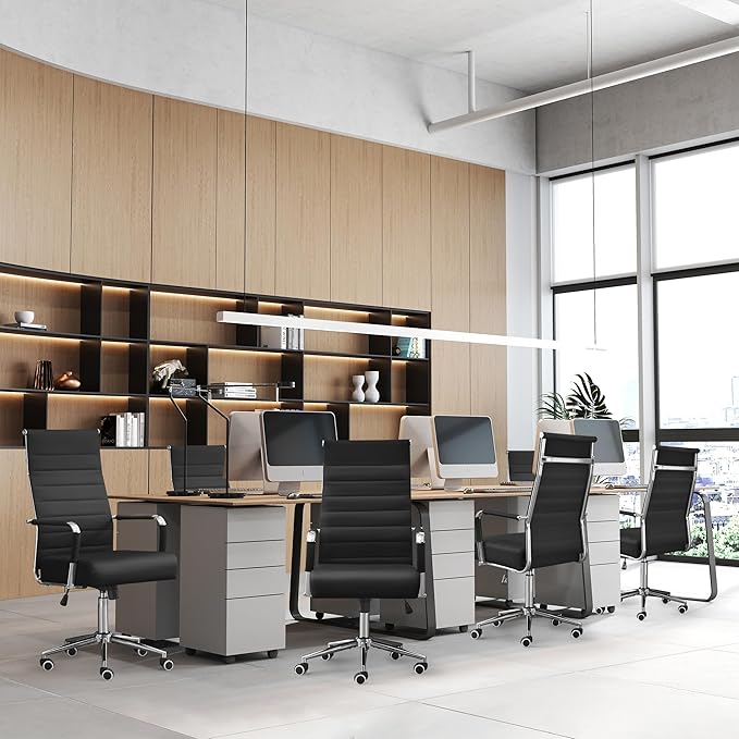 Office Desk Chair, Leather Conference Room Chairs with High Back,Wheels and Arms, Modern Ergonomic Ribbed Height Adjustable Swivel Executive Chair for Home Office (Black)