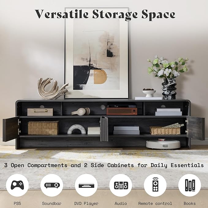 AMERLIFE Modern TV Stand for TVs up to 80", 70 inch Fluted TV Console with Storage Cabinets, Wood Entertainment Center Media Console for Living Room, Black