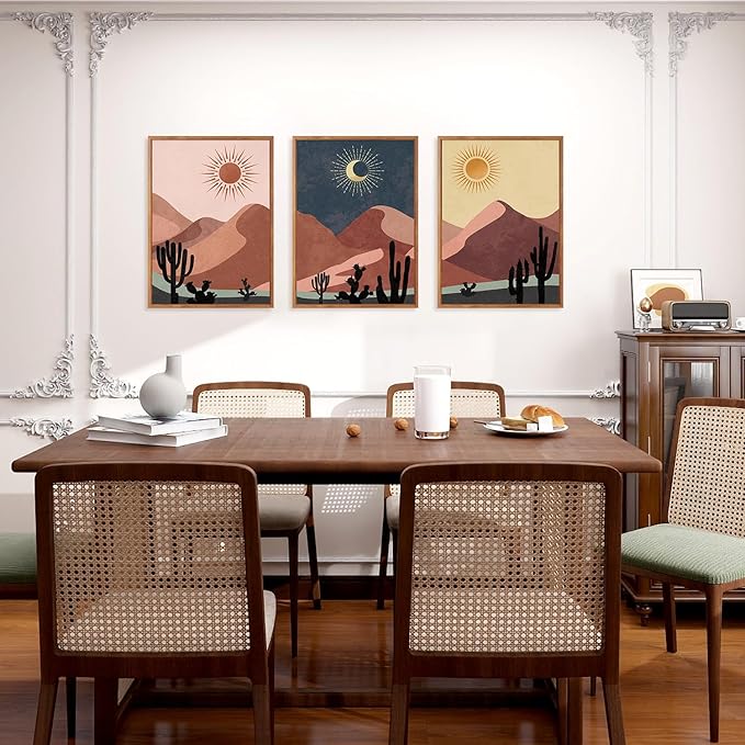 HPNIUB Boho Desert Framed Canvas Wall Art Set, Abstract Sun Moon Art Prints, Modern Cactus Paintings Artwork, Mid Century Southwestern Landscape Wall Decor for Living Room, Office(Set of 3,12X16 Inch)