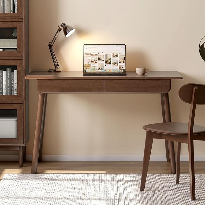 100% Solid Wood Desk with Drawers, Mid Century Modern Writing Desk, Walnut Color Office Desk for Study Bedroom Living Room 47.24" W