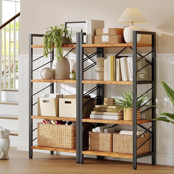 DurayLoly 4 Tier Bookshelf, Industrial Bookcase with Metal Frame and Sidebars, Small Bookshelf for Bedroom, Home Office and Living Room, Rustic Brown