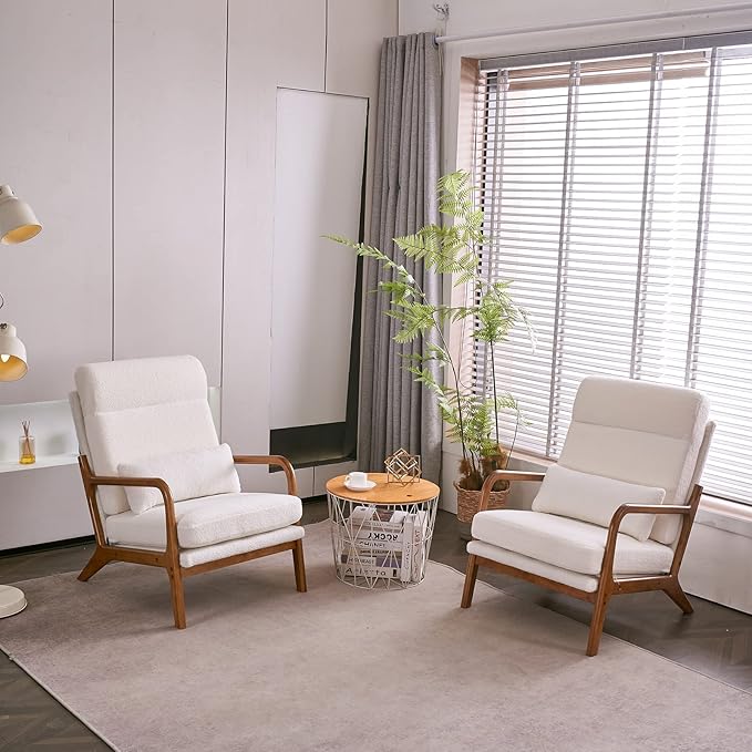 Karl home Accent Chair Mid-Century Modern Chair with Pillow High Back Teddy Fleece Upholstered Lounge Arm Chair with Solid Wood Frame & Soft Cushion for Living Room, Bedroom, Balcony, White