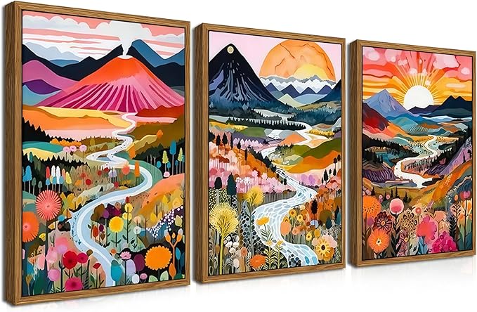 Floating Framed Boho Colorful Wall Art, Abstract Watercolor Mountain Landscape Wall Decor Painting Set of 3, Modern Flower Aesthetic Posters Prints for Living Room Bathroom Bedroom 12x16 Inch